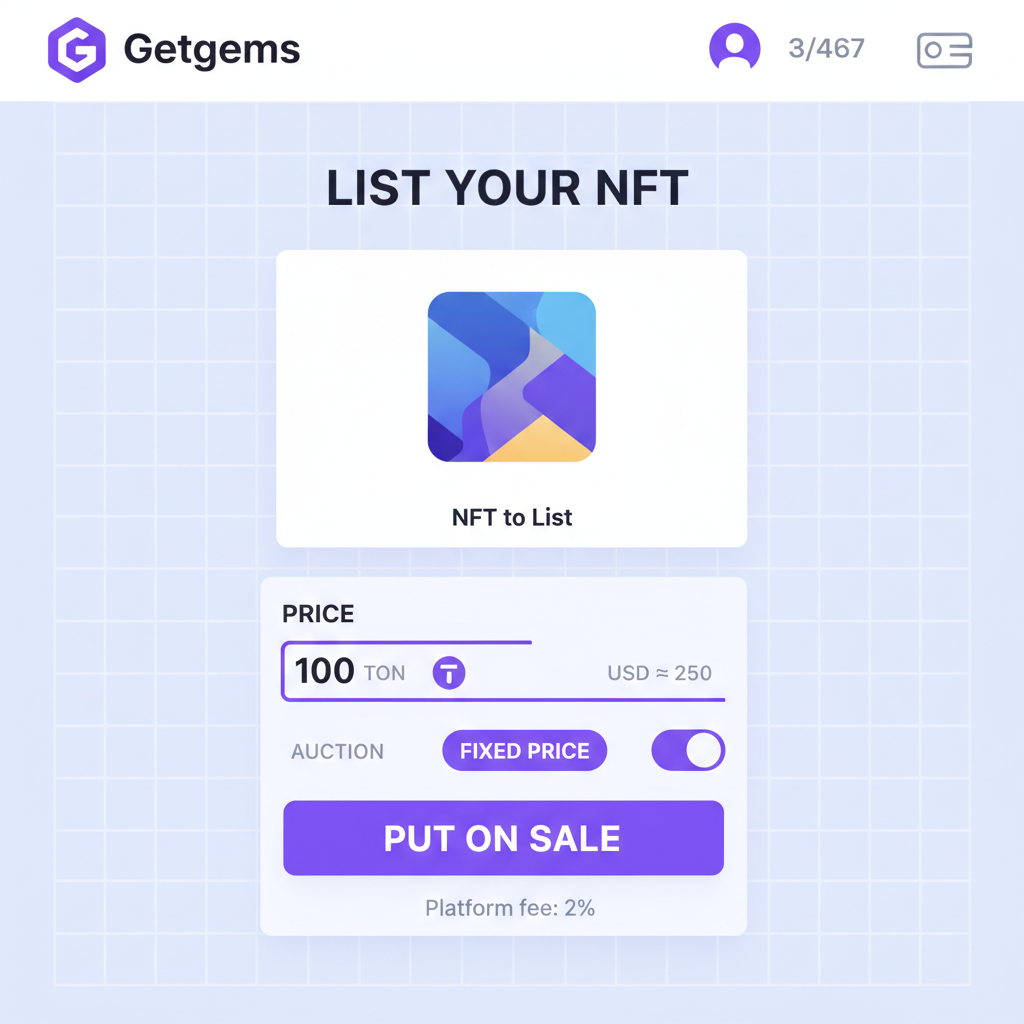 NFT listing interface on Getgems, price input in TON, sale button