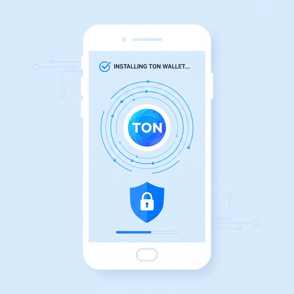 minimalist illustration of smartphone installing TON wallet app, blue TON blockchain glow, secure lock icon