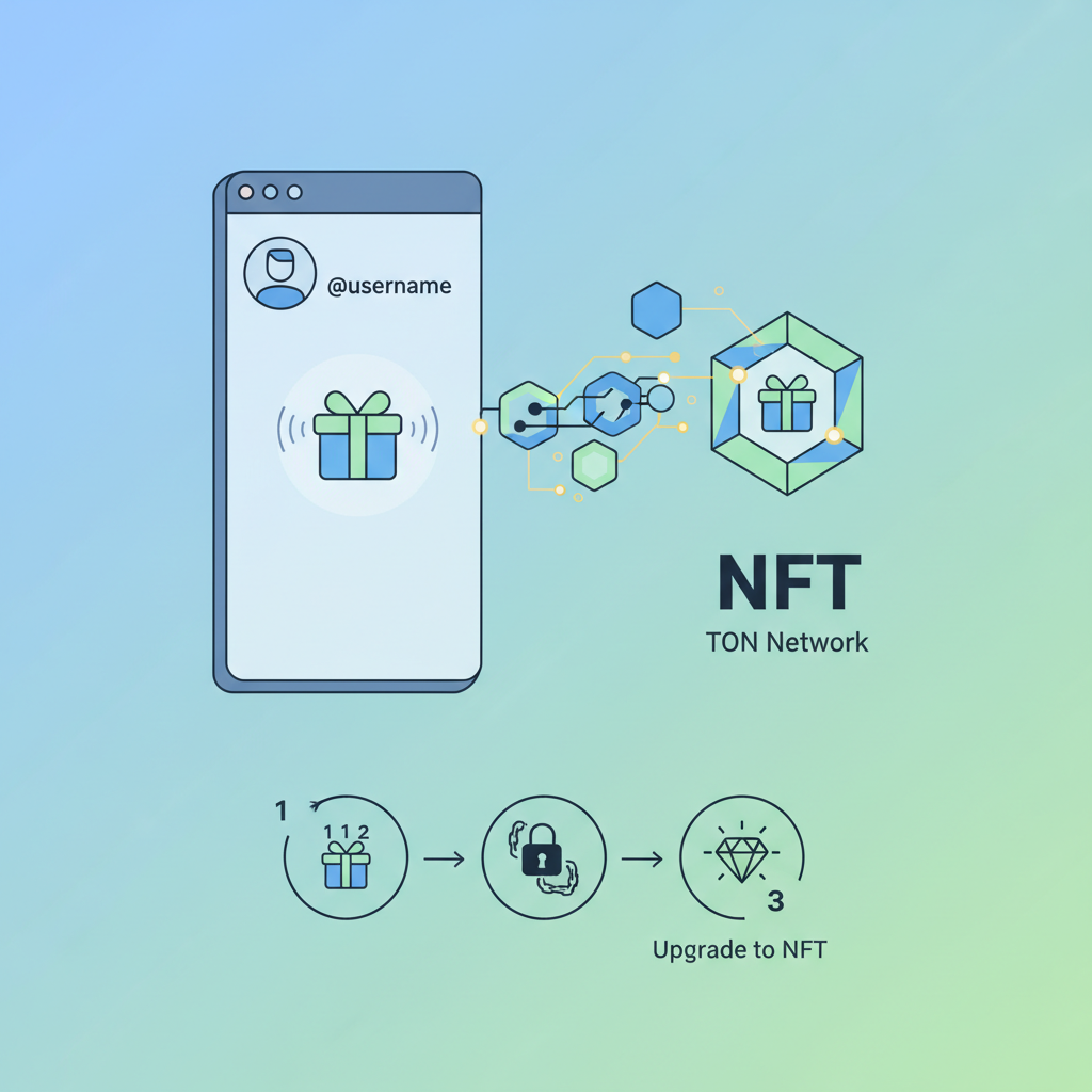 Telegram profile screen upgrading gift to NFT, blockchain animation, TON network