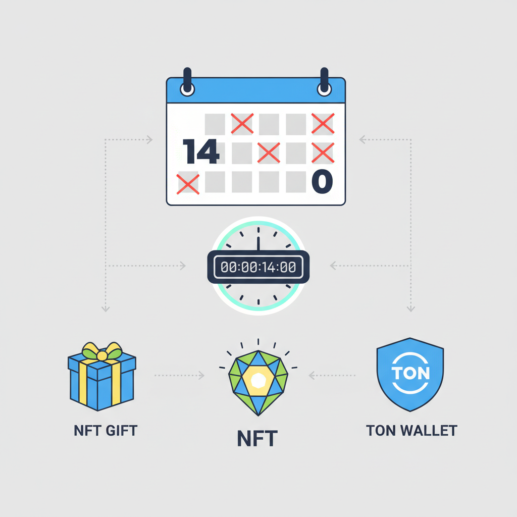 calendar countdown 14 days, NFT gift moving to TON wallet, timer graphic