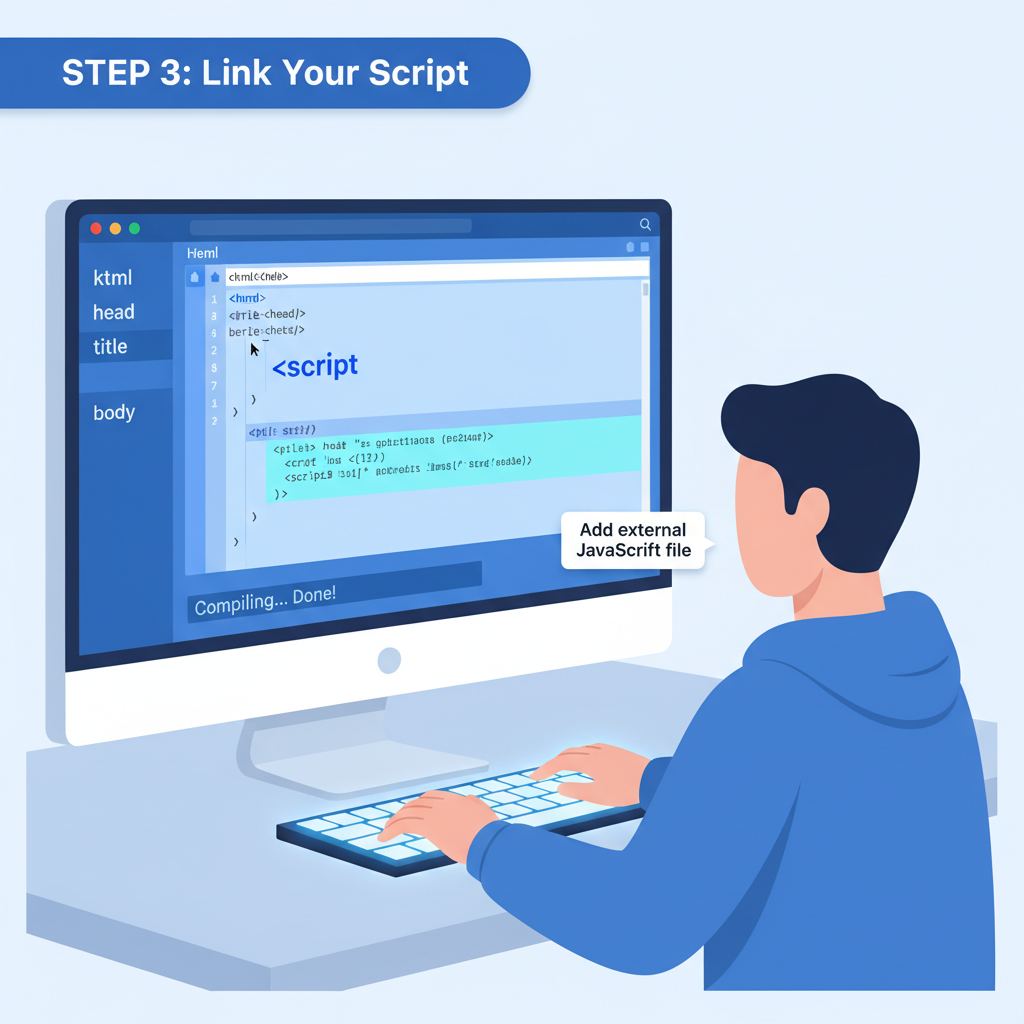 developer typing script tag into HTML code editor, clean modern UI, code syntax highlight, blue tones