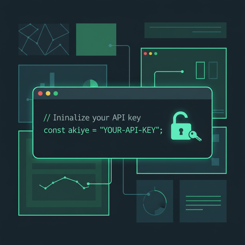 code snippet initializing API key in JavaScript console, secure lock icon, dashboard background, tech green glow