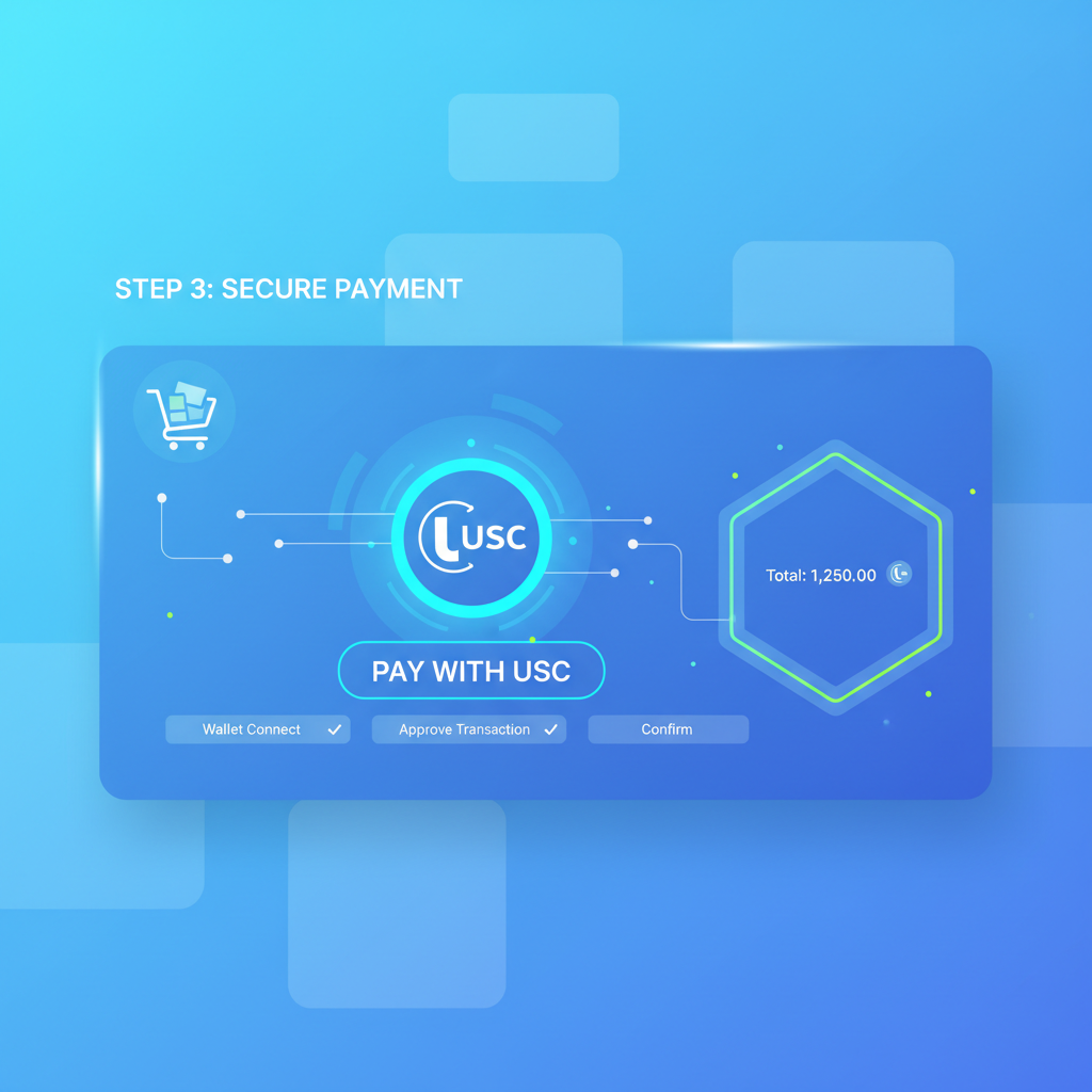 e-commerce page with glowing USDC checkout button mounted, shopping cart icon, futuristic payment UI