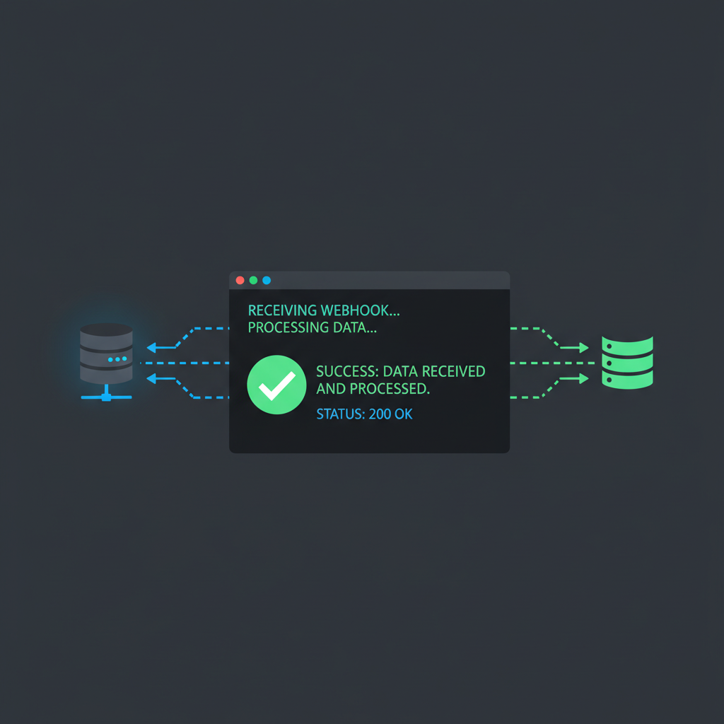 server dashboard receiving webhook notification, success checkmark, data flow arrows, dark mode terminal