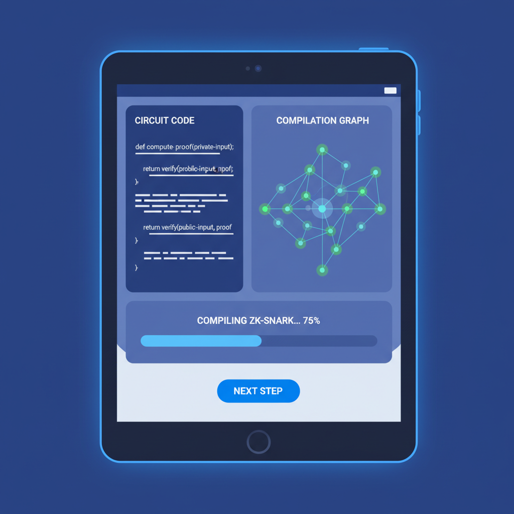 compiling ZK circuit in wallet app, graphs and code snippets, high-tech interface