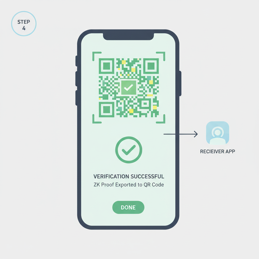 exporting ZK proof as QR code from wallet app, verification success screen