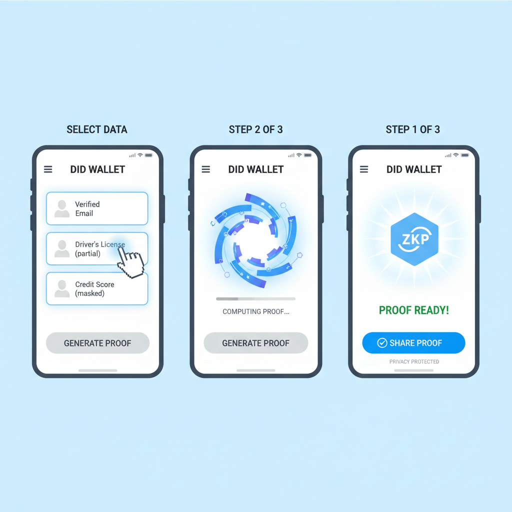 generating ZK proof animation in DID wallet, glowing proof icon emerging