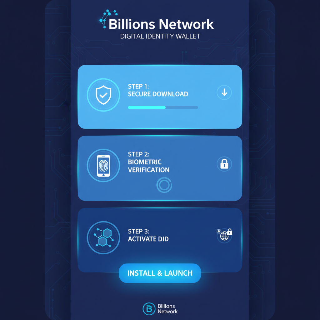 sleek mobile app installation screen for Billions Network DID wallet, futuristic UI, blue tones