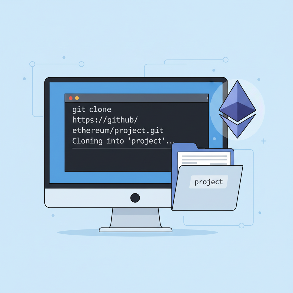 git clone command in terminal with project folder opening, Ethereum logo nearby