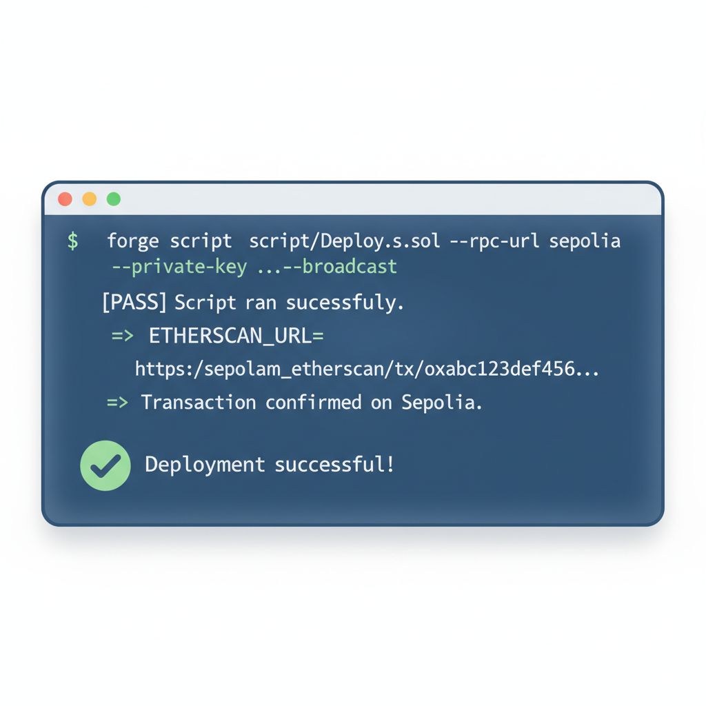 Forge deploy script output in terminal, transaction hash confirming on Sepolia