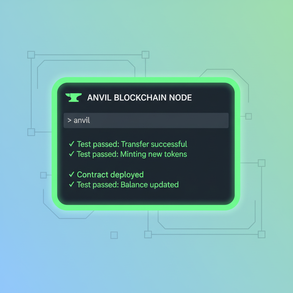 Anvil blockchain node running in terminal, green test passes scrolling