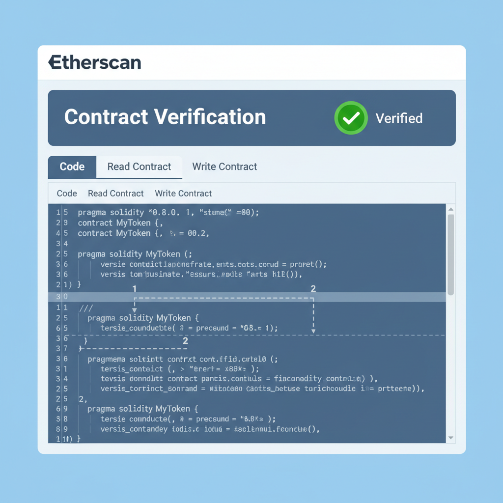 Etherscan verification page with green checkmark, contract source code visible