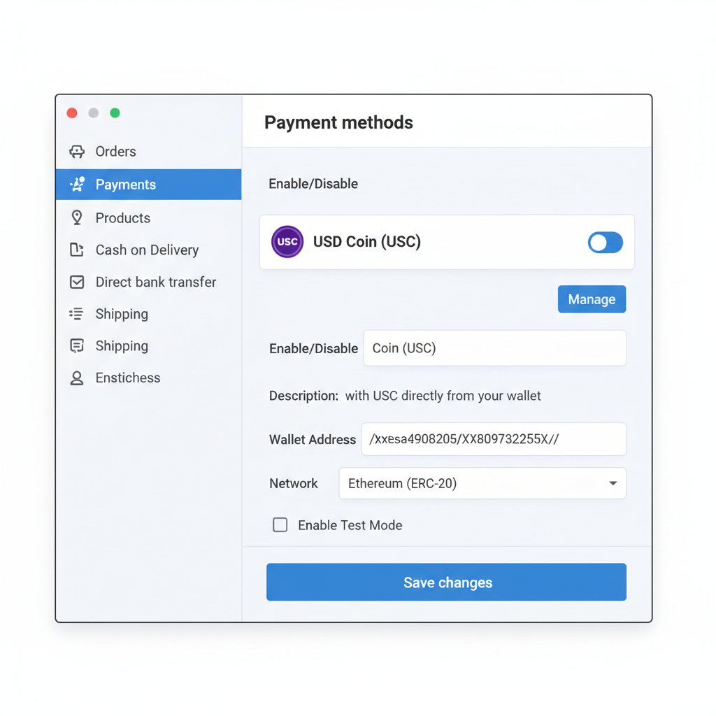 WooCommerce settings page configuring USDC gateway