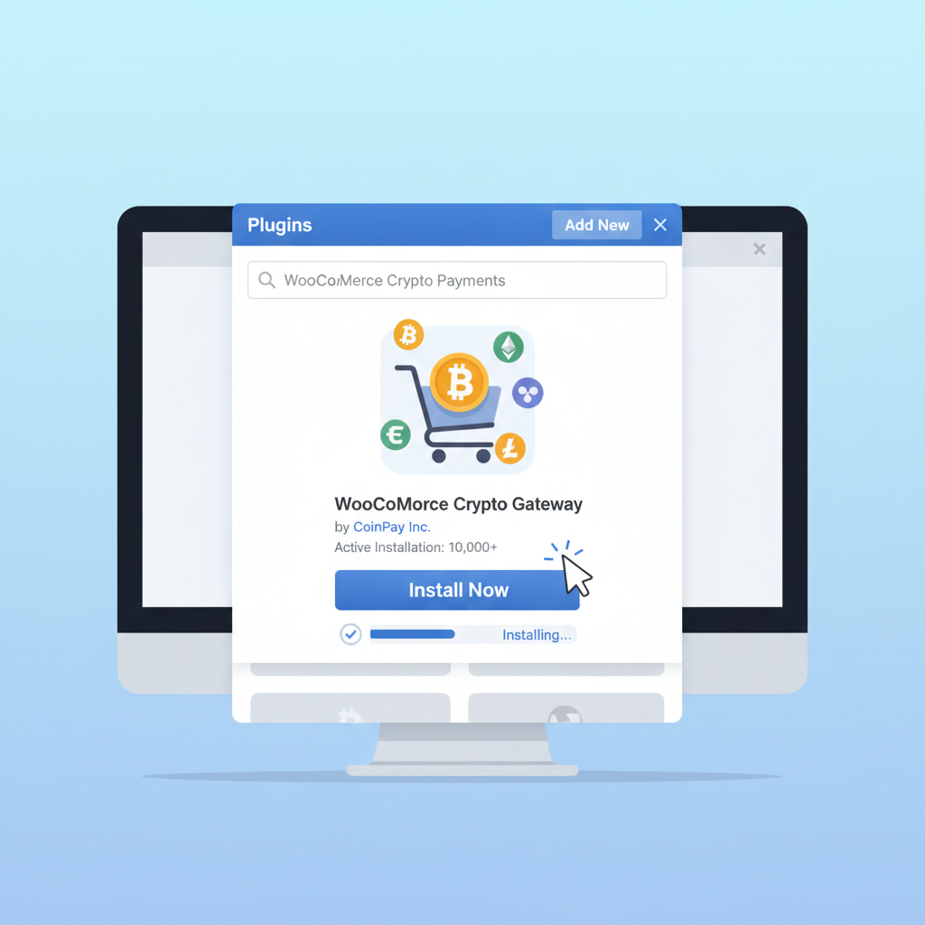 WordPress dashboard installing WooCommerce crypto plugin