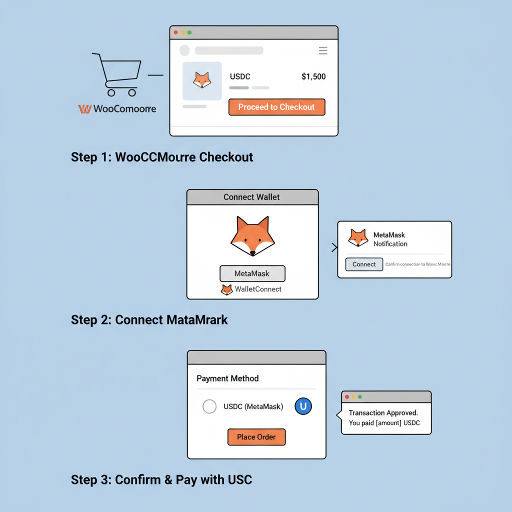Live WooCommerce checkout with MetaMask USDC wallet connect