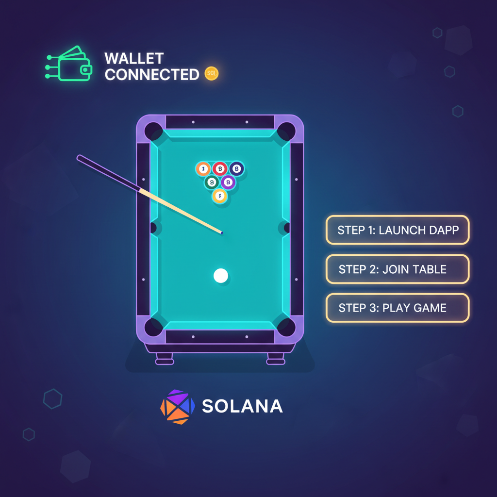 immersive 8 ball pool game on solana dapp, neon table, solana logo, wallet connected HUD