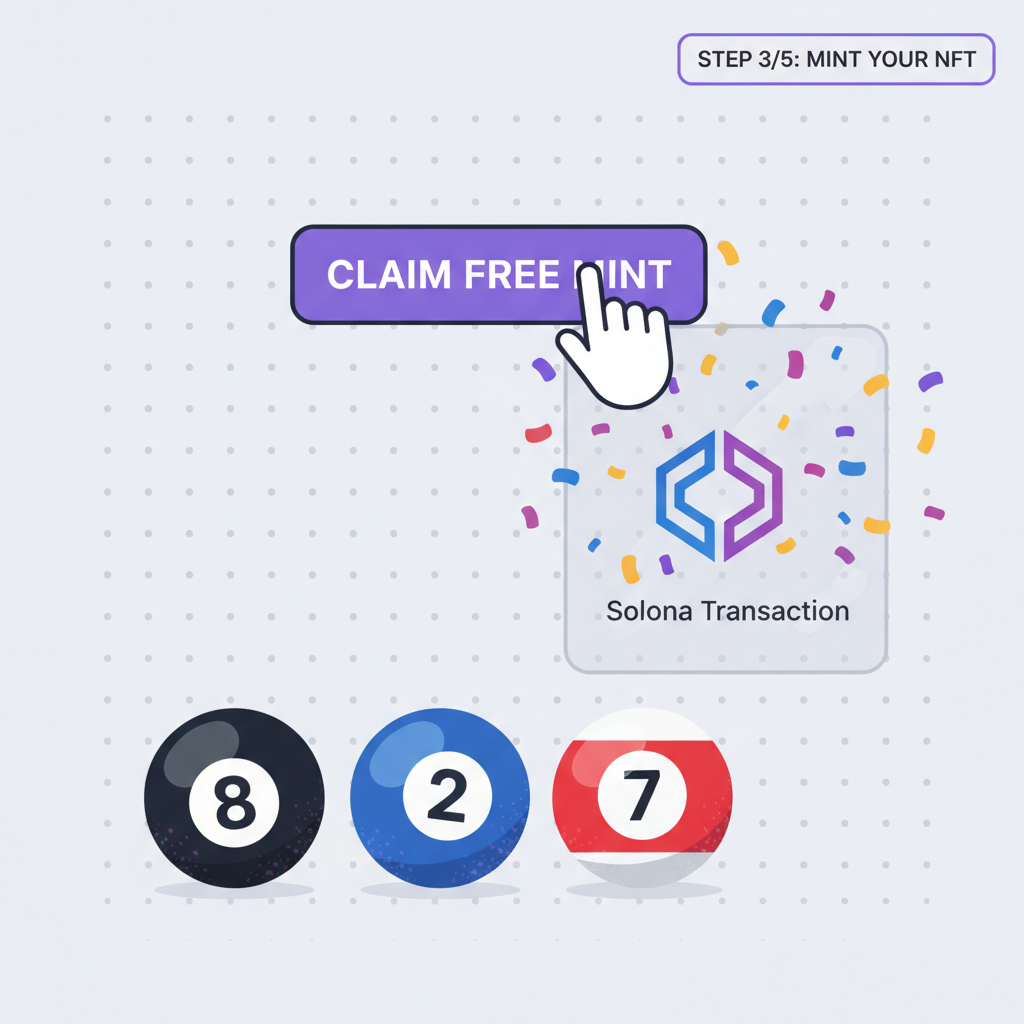 user clicking claim free mint button, solana transaction popping confetti, 8 ball pool nft rendering