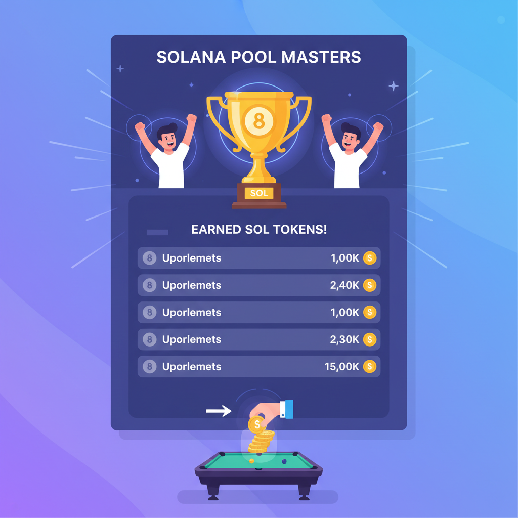 solana leaderboard top ranks glowing, 8 ball pool trophies, earning sol tokens, victory pose