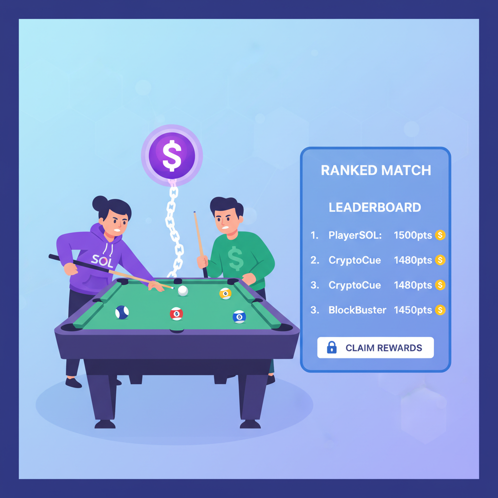 intense 8 ball pool ranked match, solana blockchain elements, players competing, leaderboard sidebar