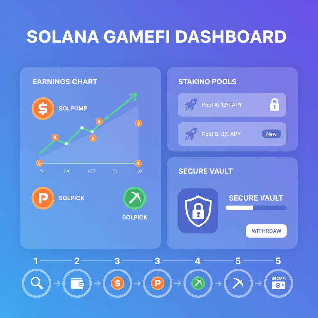 solana gamefi dashboard, earnings chart with solpump solpick icons, staking pools, secure vault