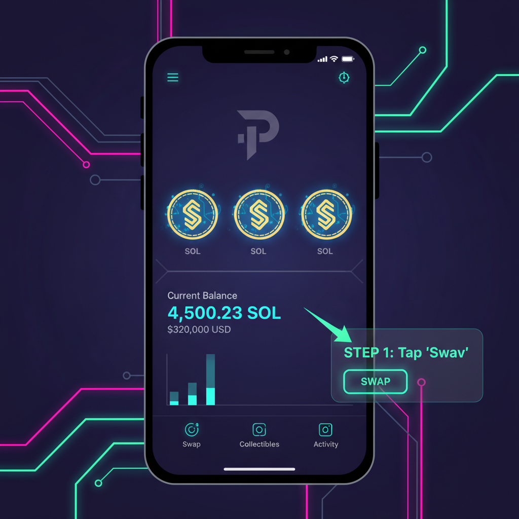 sleek solana wallet interface on mobile, phantom app, sol tokens glowing, futuristic cyberpunk style