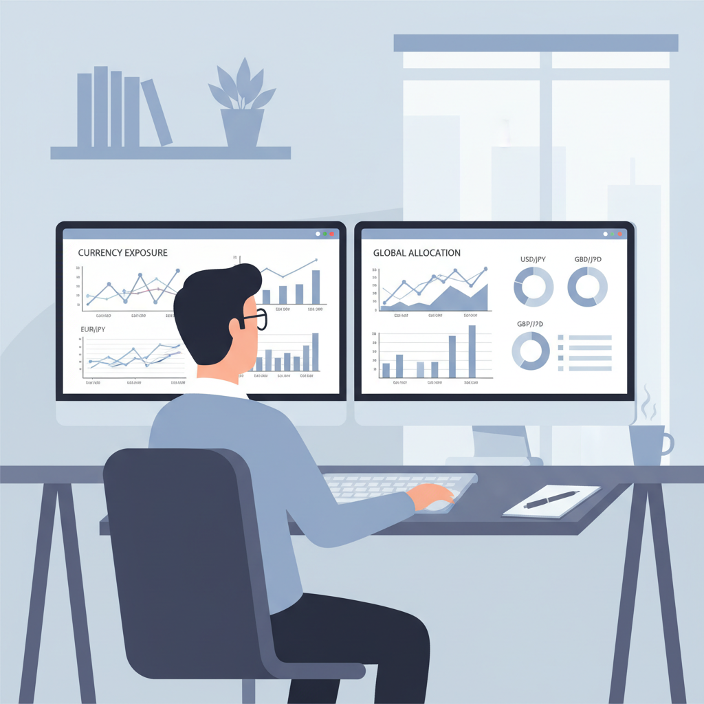 professional financial analyst reviewing currency exposure charts on dual monitors, euro yen usd graphs, analytical office setting, realistic