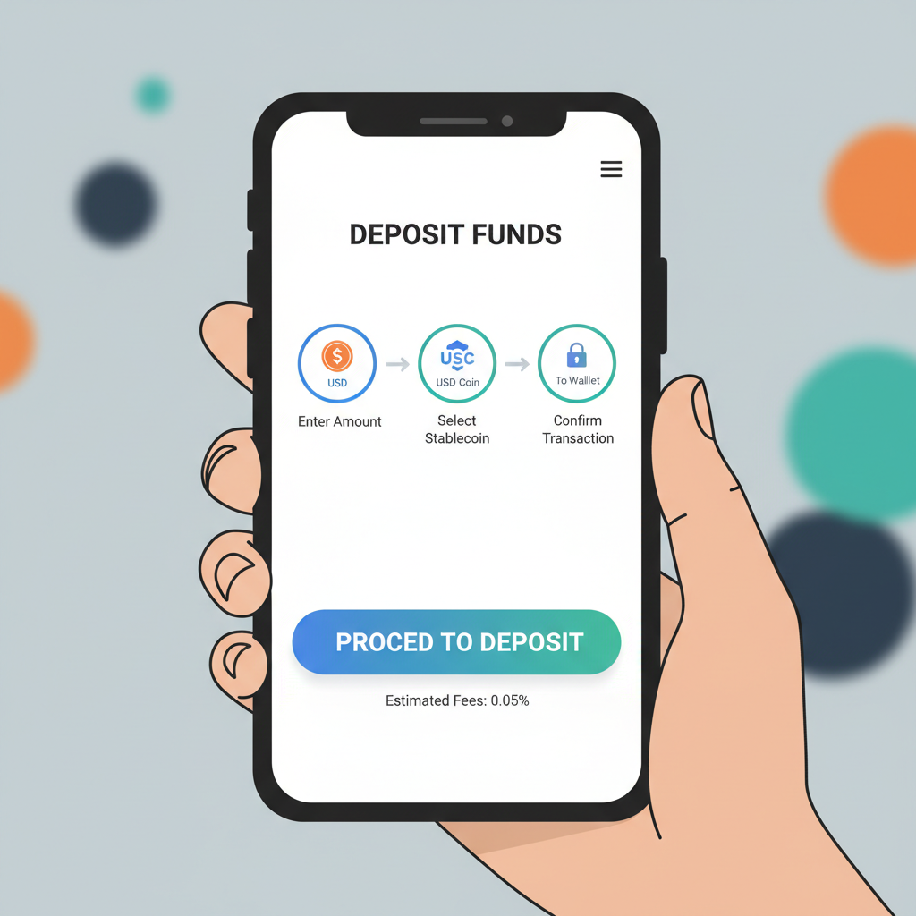 sleek crypto wallet interface on mobile app showing deposit funds button, USD to stablecoin flow, modern fintech design