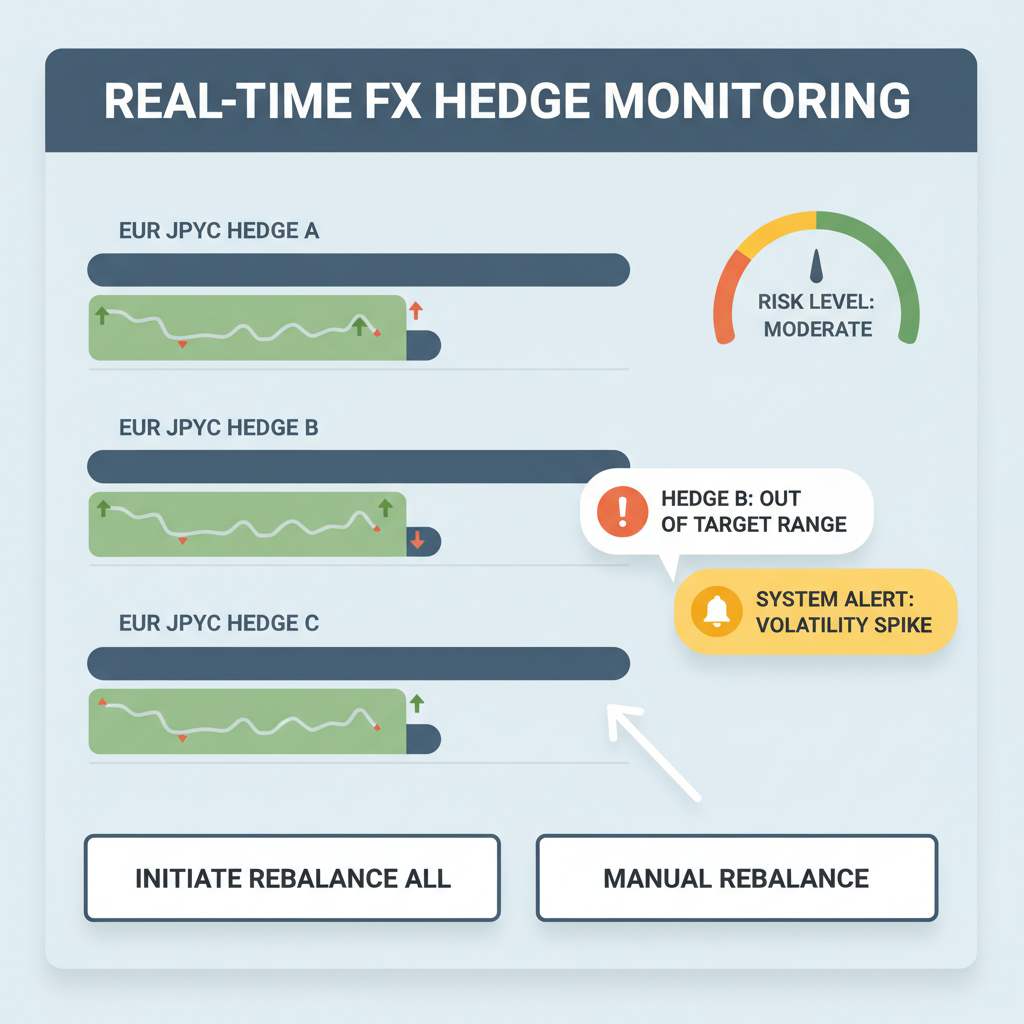 financial dashboard with real-time charts monitoring EUR JPYC hedges, alerts popping up, rebalance buttons, professional UI