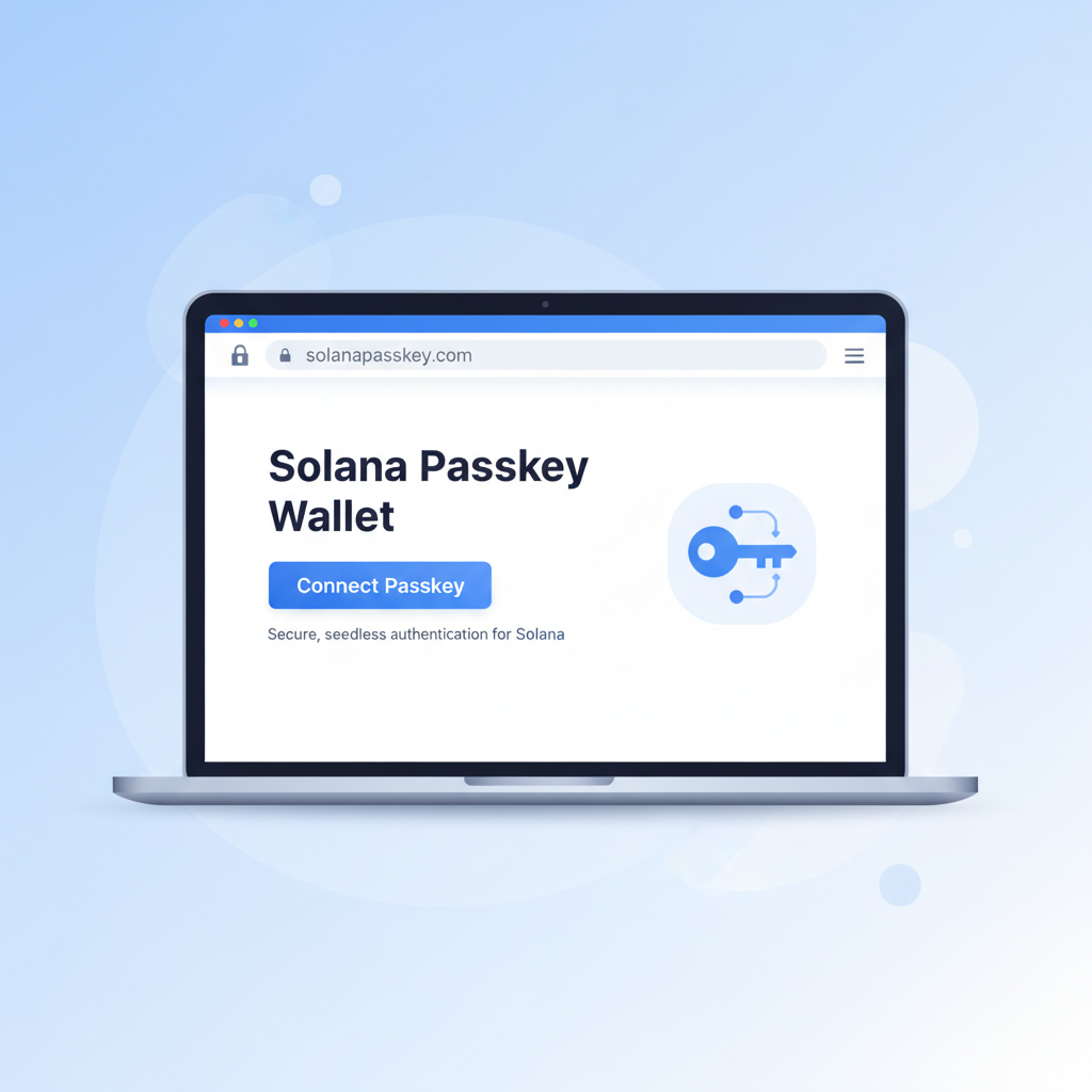 sleek web browser on laptop opening Solana passkey wallet site, modern UI, blue tones