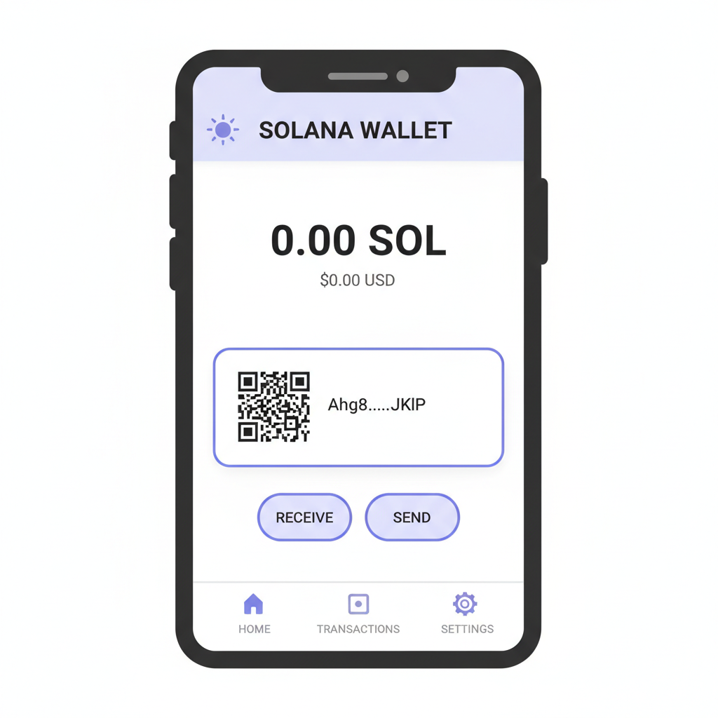 mobile wallet app displaying Solana address and zero balance, clean interface