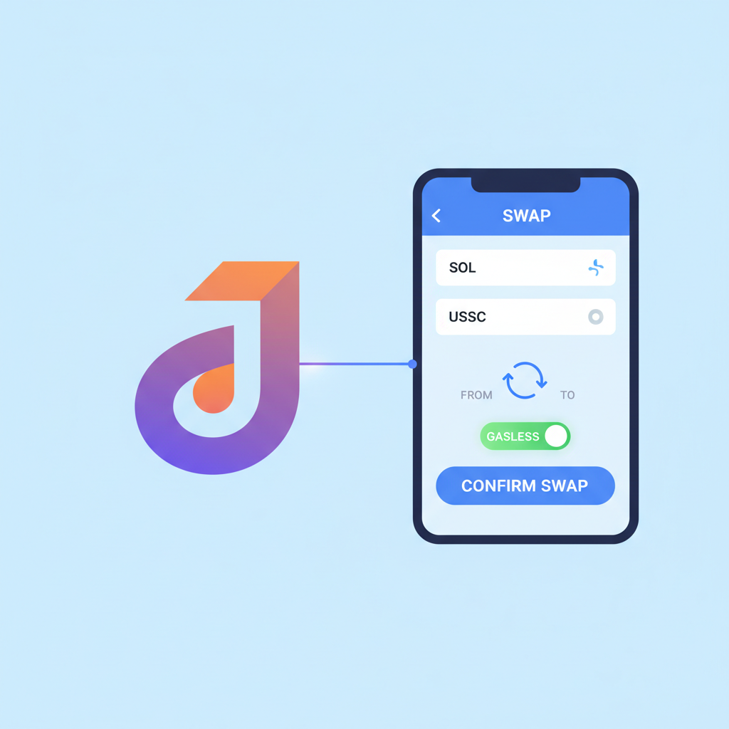 wallet app connecting to Jupiter logo, swap interface with gasless toggle on
