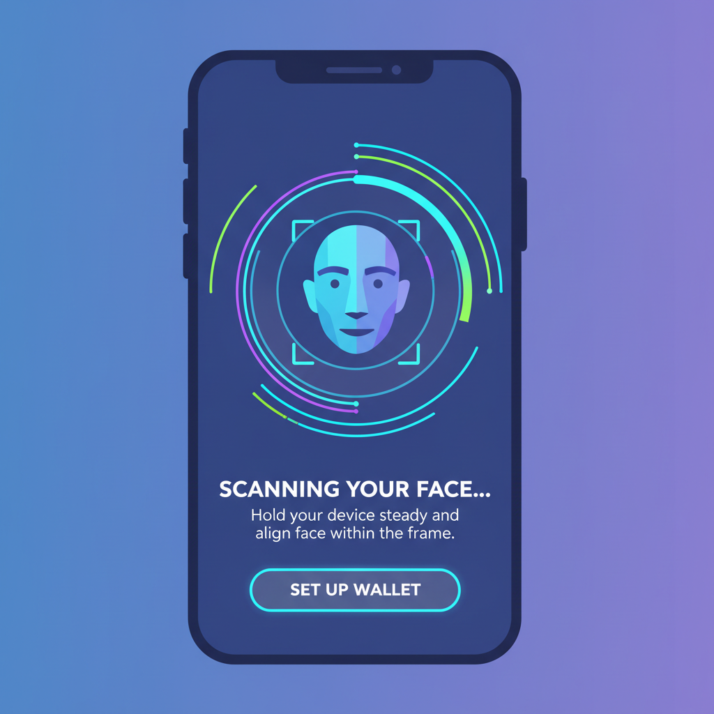 smartphone screen showing Face ID scan animation for wallet creation, futuristic glow