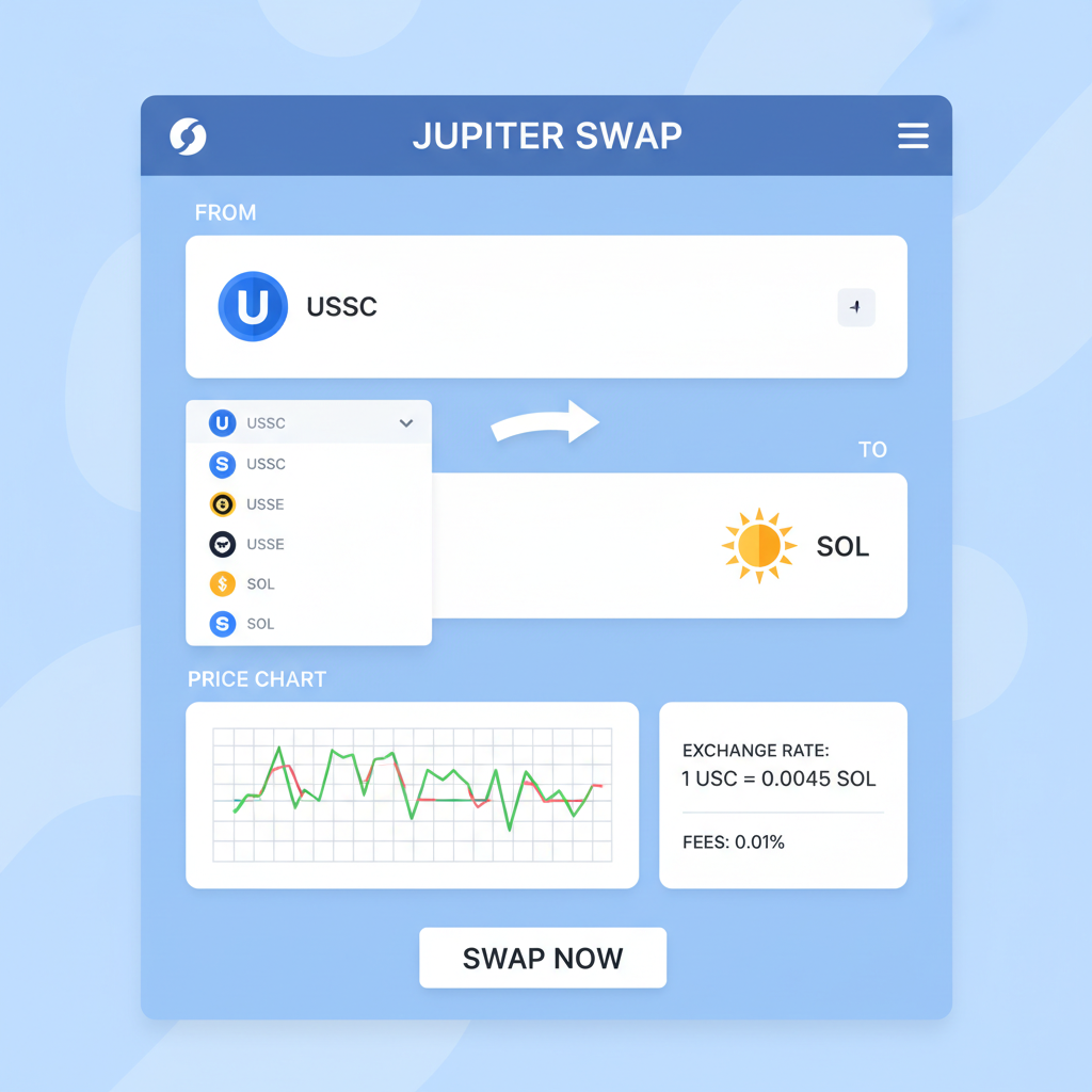 Jupiter swap screen selecting USDC to SOL tokens, charts and rates visible