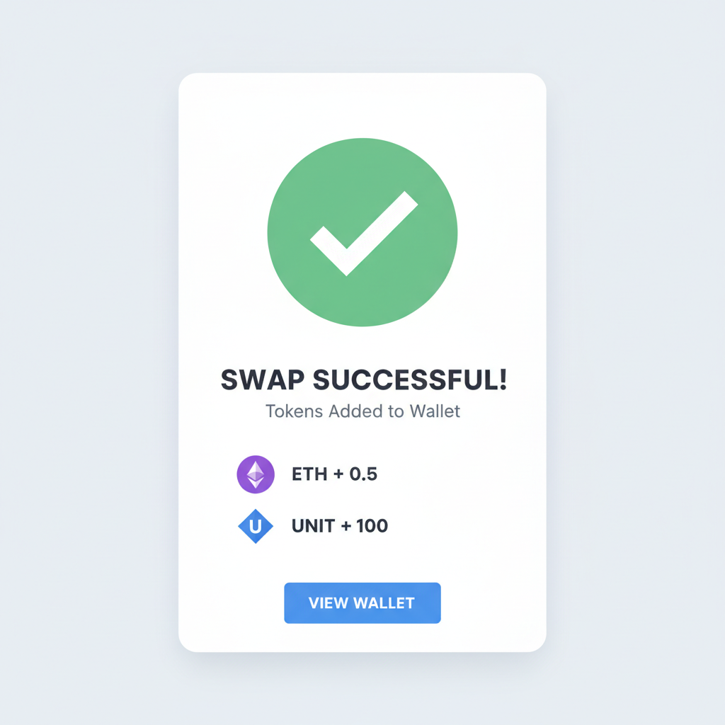 successful swap notification in wallet, tokens added, green checkmark