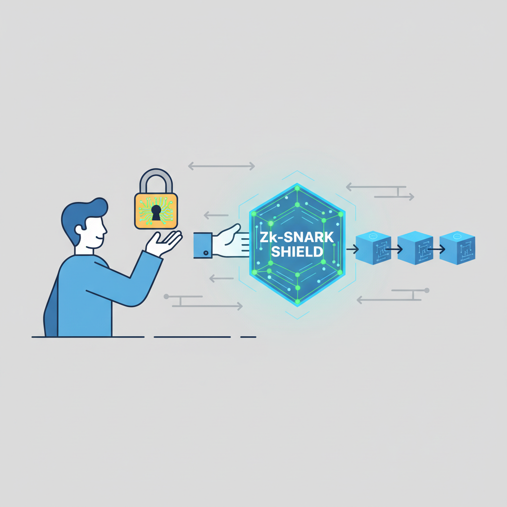 user submitting locked encrypted order to blockchain, glowing zk-snark shield