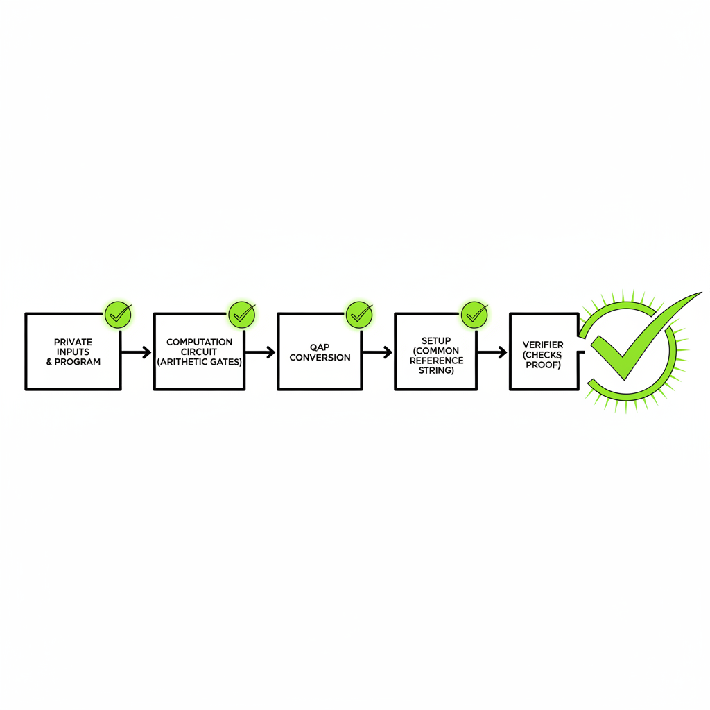generating zk-snark proof circuit with green checkmarks, circuit diagram style