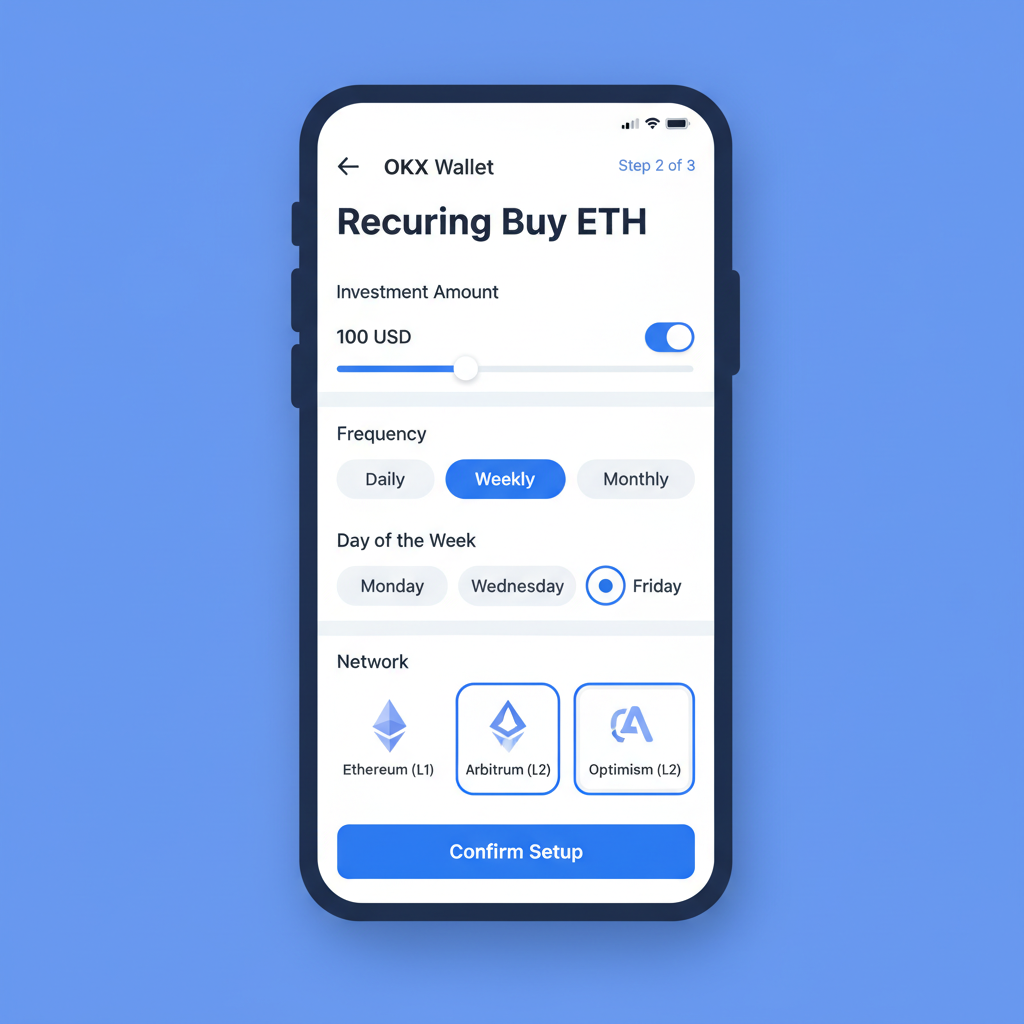 OKX Wallet mobile app screen showing ETH DCA setup, recurring buy options, L2 selection, clean modern UI