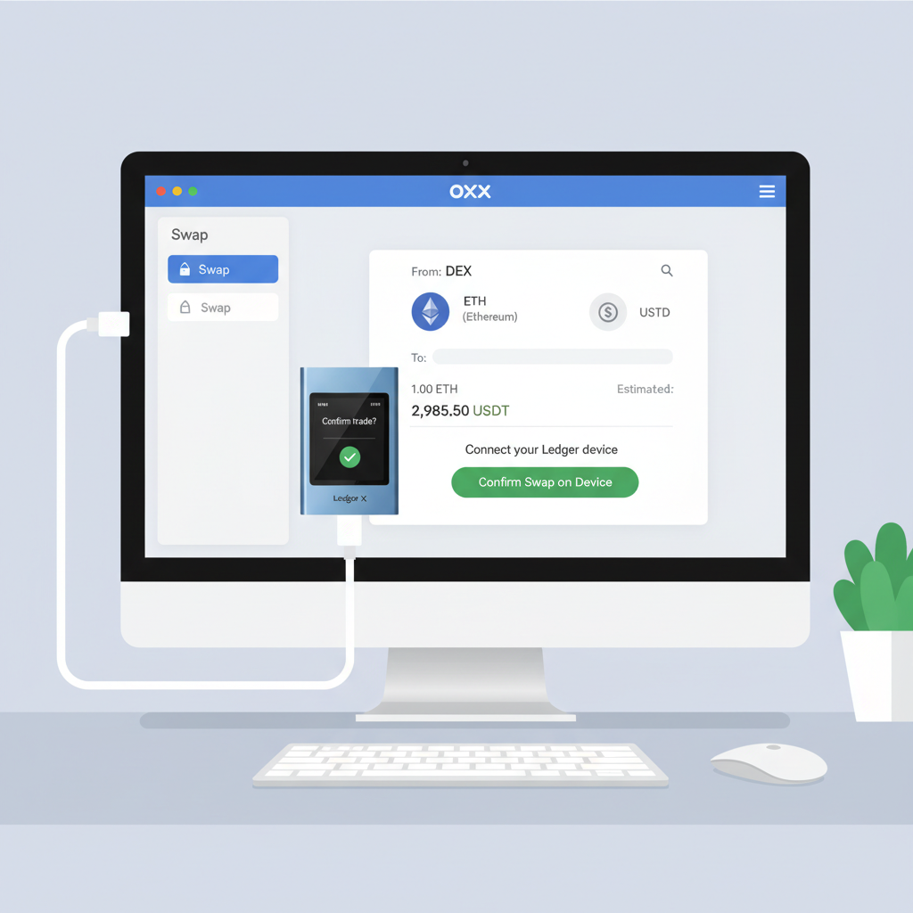 Ledger Live app on desktop with OKX DEX swap interface open, Ledger Nano device connected via USB, ETH trade screen