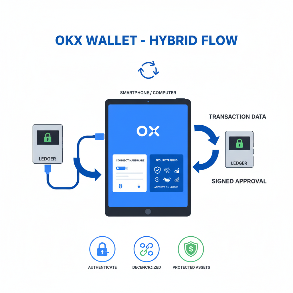 Diagram of Ledger hardware wallet linked to OKX Wallet app, seamless hybrid flow arrows, secure trading icons