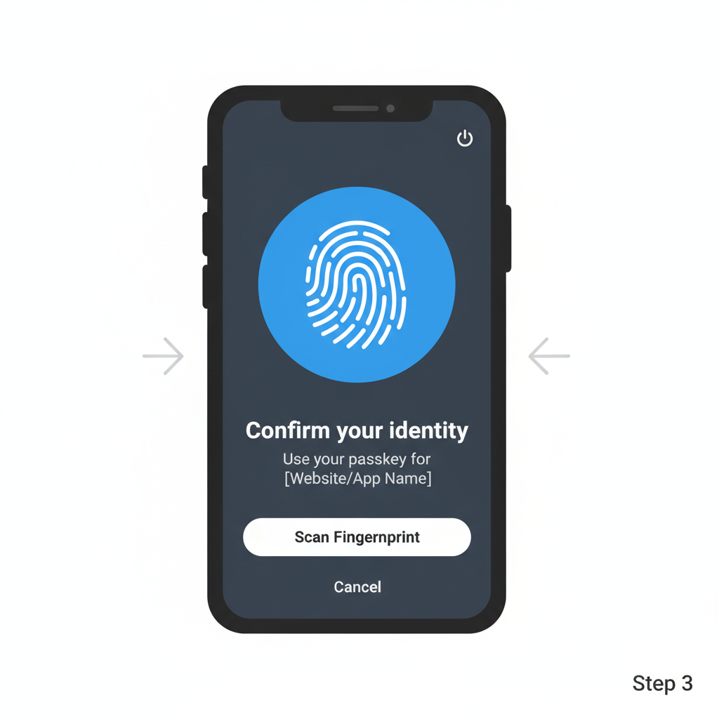 smartphone screen showing biometric fingerprint authentication prompt for WebAuthn passkey
