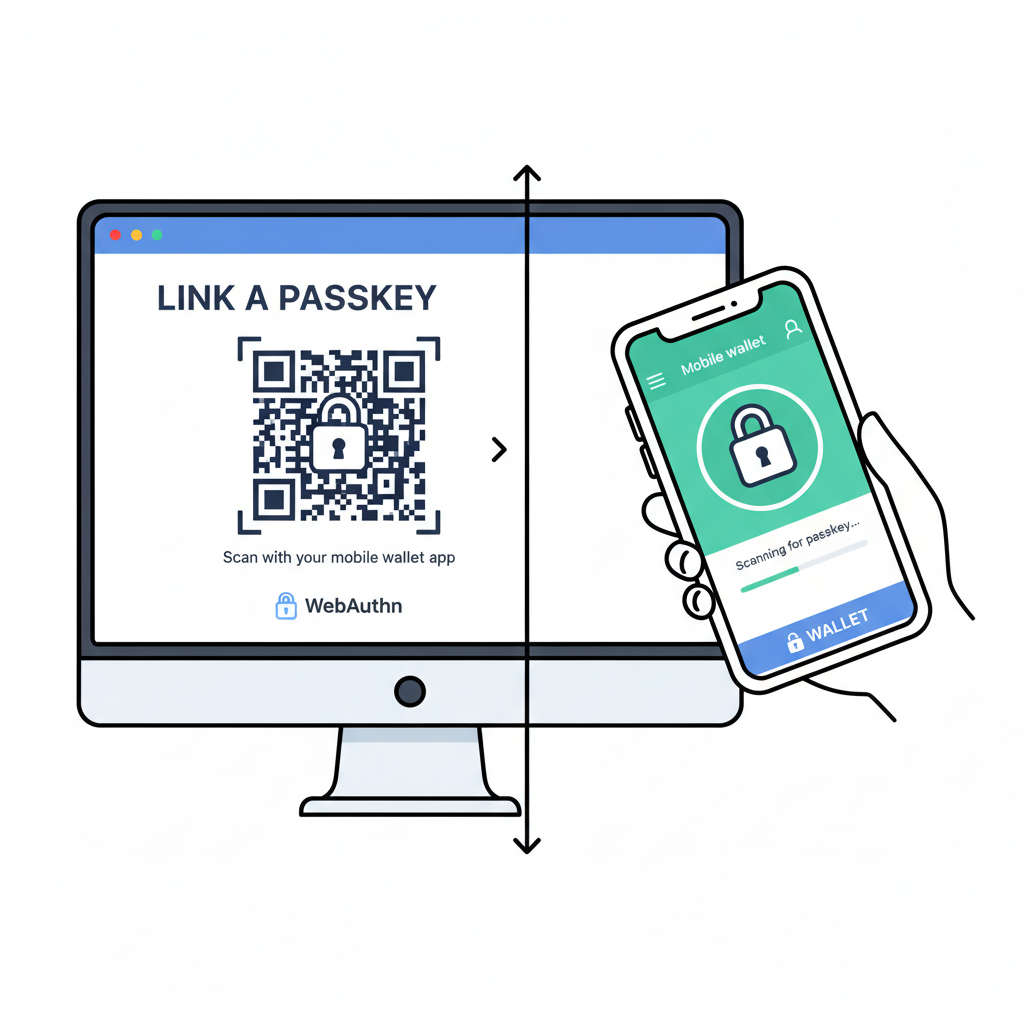 mobile wallet app scanning QR code to link WebAuthn passkey, split screen desktop and phone