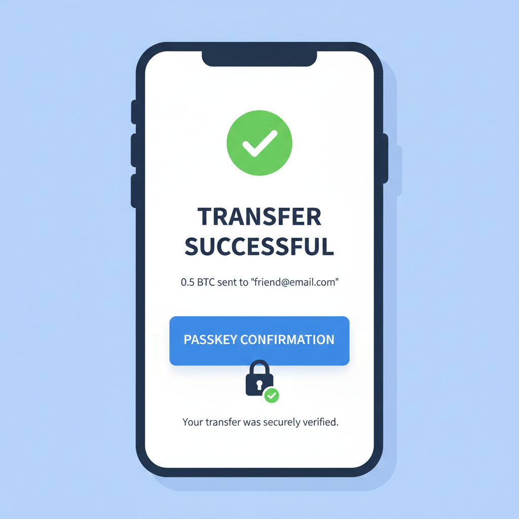 wallet interface showing successful crypto transfer with passkey confirmation, green checkmark