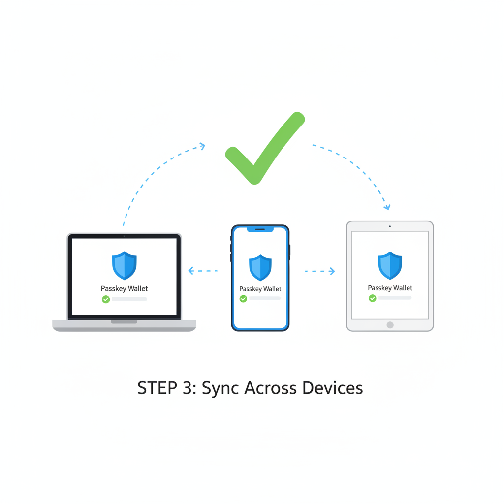 multiple devices syncing passkey wallet, laptop phone tablet with checkmarks