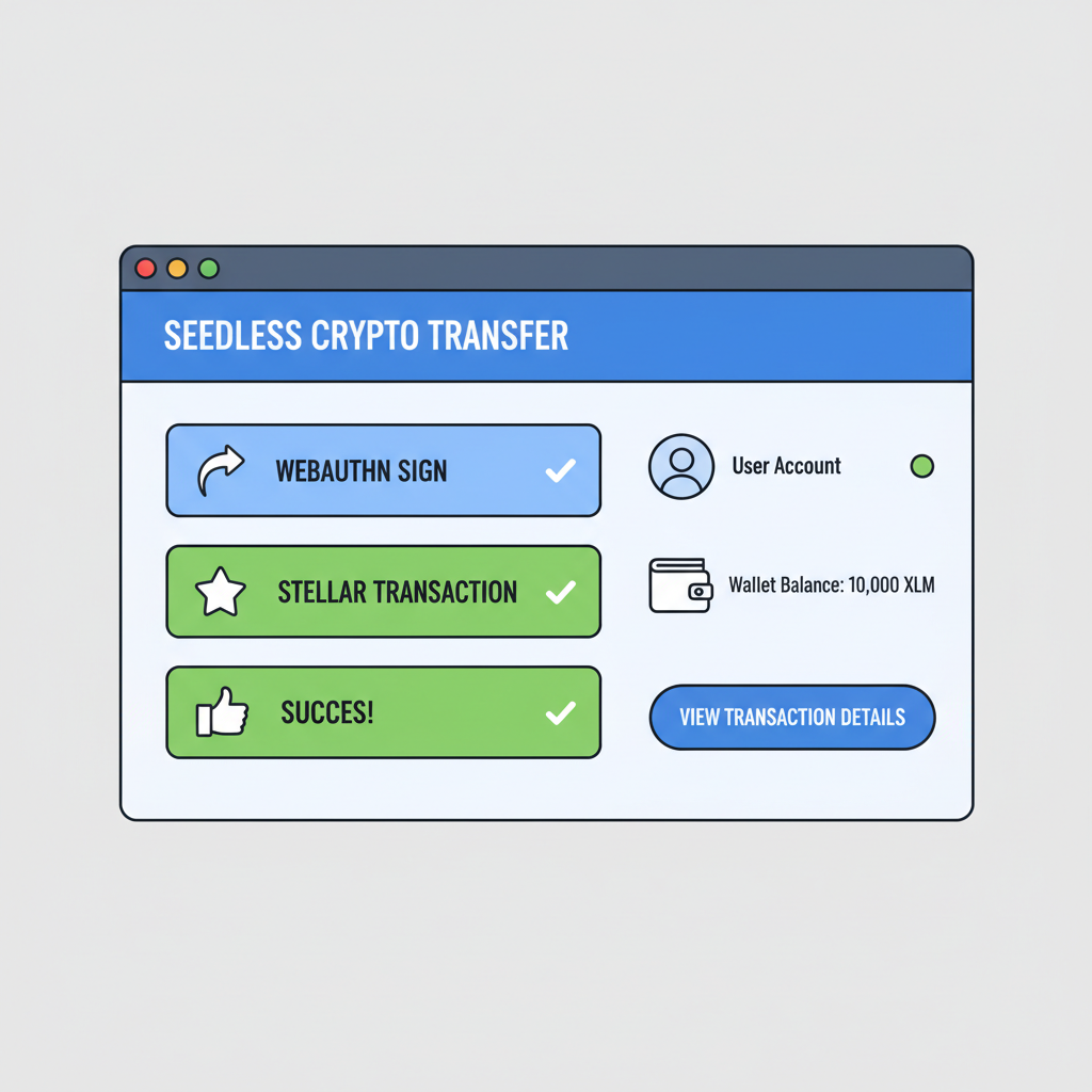 browser dashboard seedless crypto transfer webauthn sign stellar transaction success