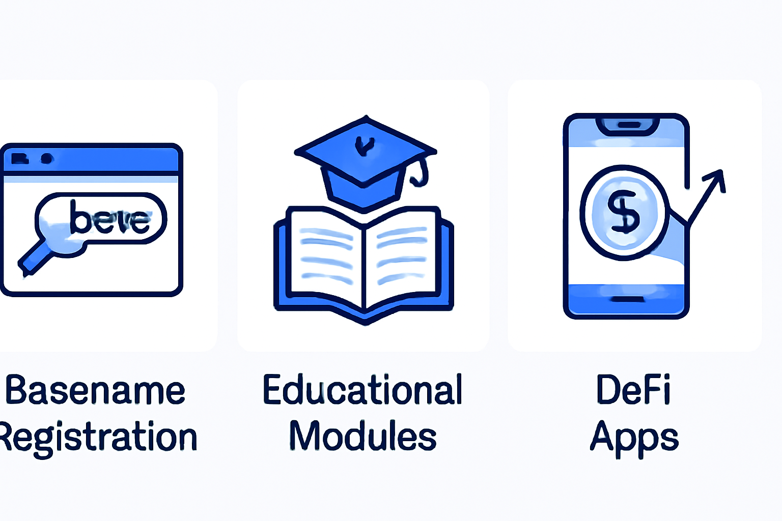 A collage of icons representing Basename registration, educational modules, and DeFi apps within the Base ecosystem.