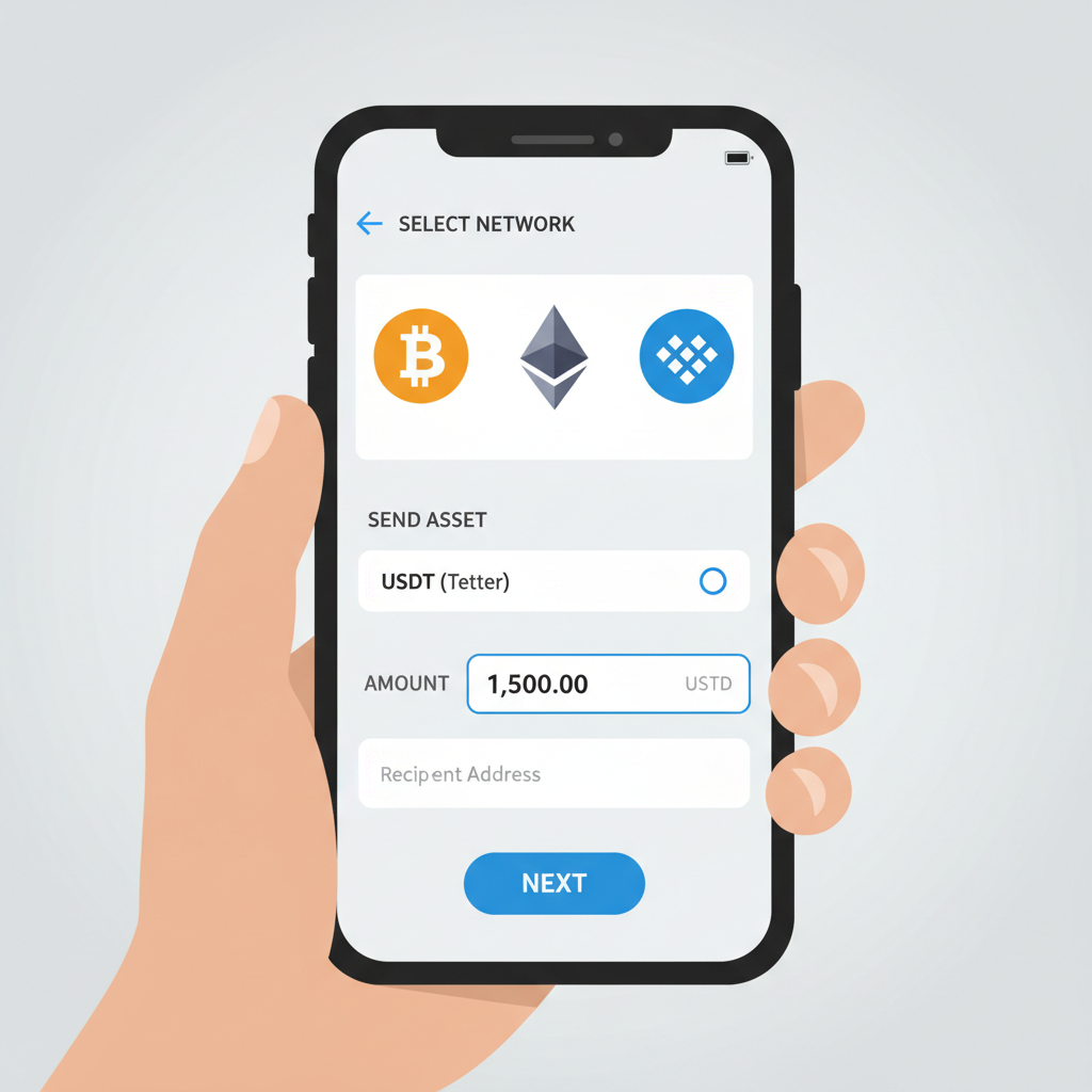 wallet screen selecting Ethereum chain and typing USDT amount field