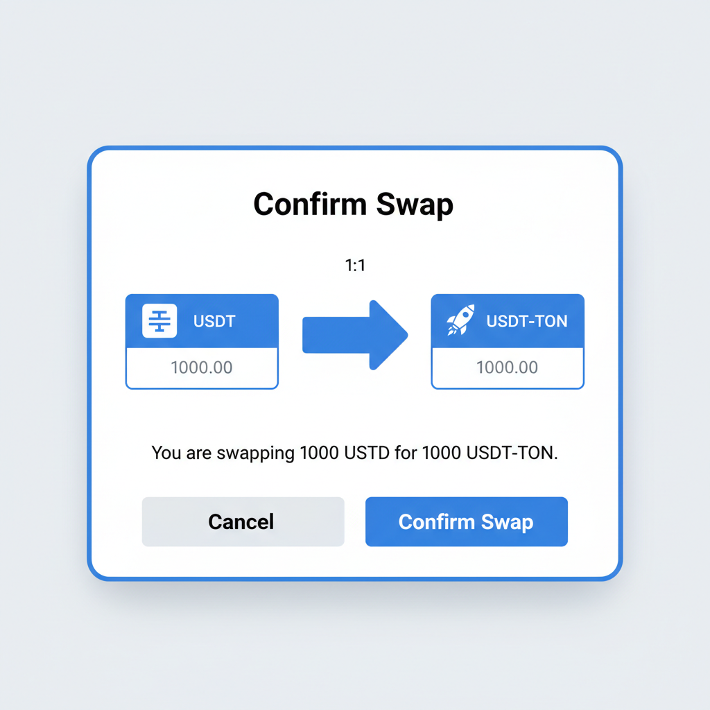 confirmation popup showing USDT input to USDT-TON 1:1 swap arrow