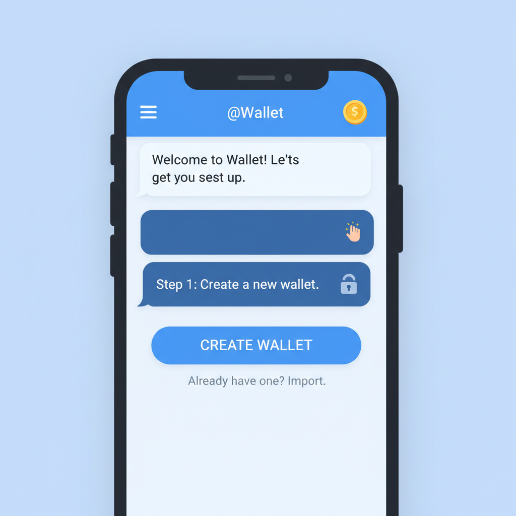 smartphone screen showing Telegram app with @wallet bot chat open, modern blue UI