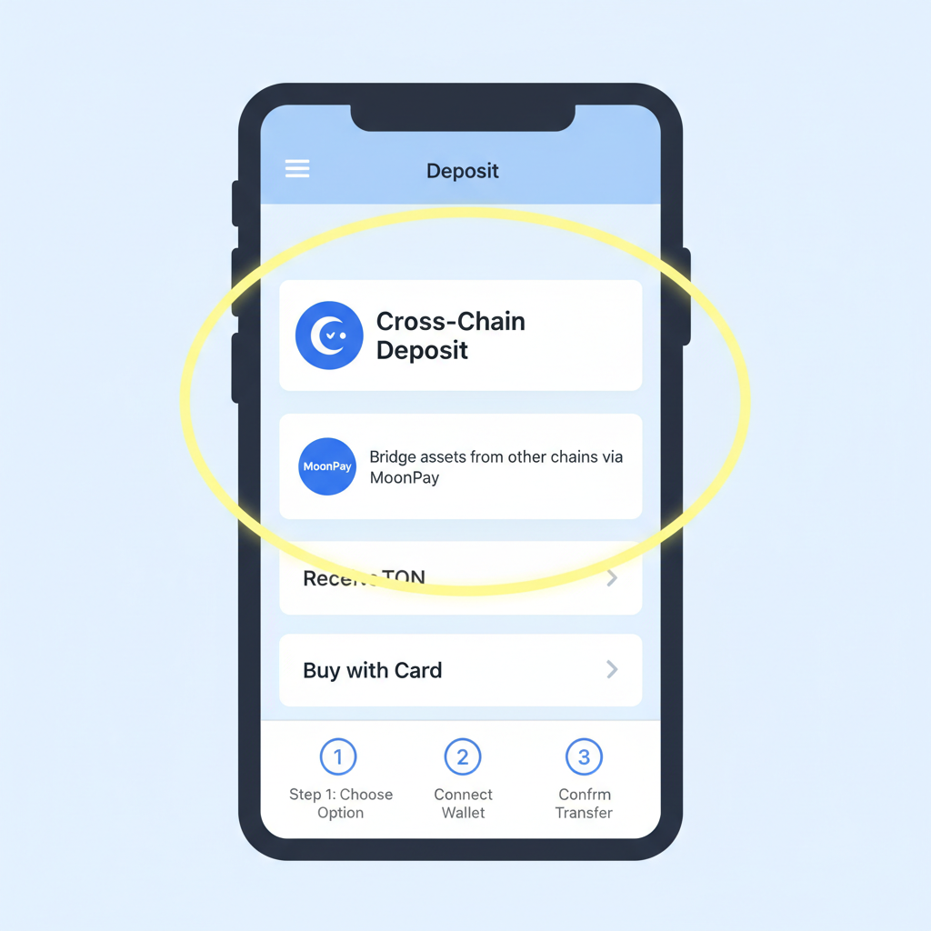 TON wallet interface deposit section highlighting cross-chain option with MoonPay logo