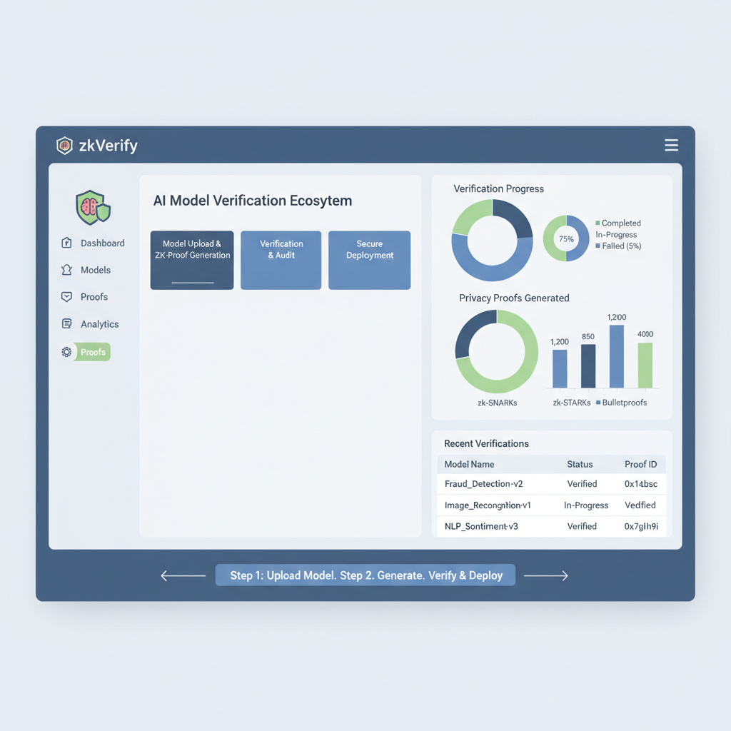 zkVerify platform dashboard showing AI model verification ecosystem with charts and privacy proofs, modern UI design